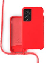 Coverzs Silicone case met koord - Telefoonhoesje met koord - Backcover hoesje met koord - touwtje - Samsung Galaxy S21 Ultra - rood