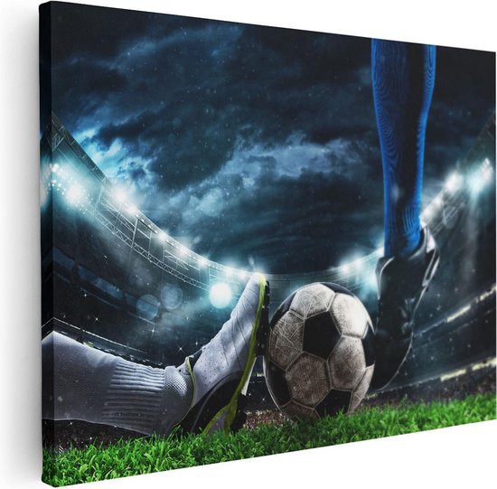 Artaza Canvas Schilderij Voetbal Sliding Op De Bal In Het Stadion - 80x60 - Foto Op Canvas - Canvas Print