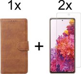 Samsung S20 FE Hoesje - Samsung Galaxy S20 FE hoesje bookcase bruin wallet case portemonnee hoes cover hoesjes - 2x Samsung S20 FE screenprotector