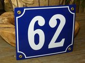 Emaille huisnummer 18x15 blauw/wit nr. 62