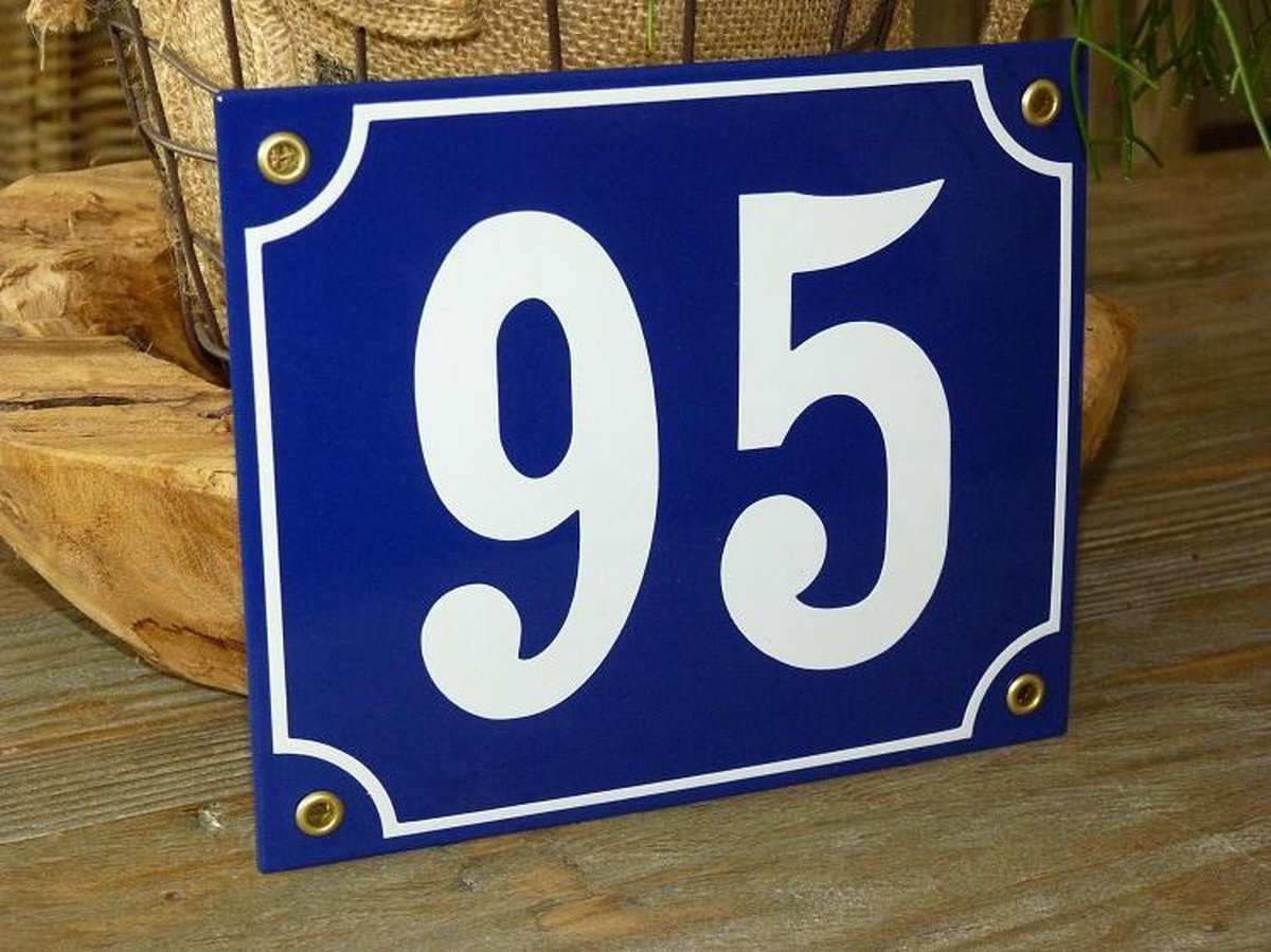 Emaille huisnummer 18x15 blauw/wit nr. 95