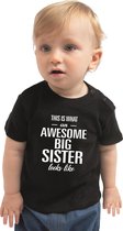 Awesome big sister/ grote zus  cadeau t-shirt zwart voor babys / meisjes - shirt voor zussen 80 (7-12 maanden)