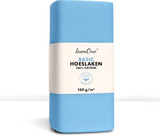 Hoeslaken Loom One – 100% Jersey Katoen – 160x220 cm – jusqu'à 35 cm d'épaisseur de matelas – 160 g/m² – pour Boxspring-Waterbed - Bleu Clair