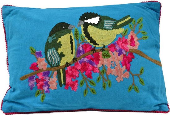 Coussin décoratif Floz - coussin décoratif - kussen bleu - mésanges charbonnières - lavable - commerce équitable d'Inde
