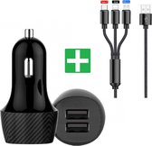 Autolader met Multi 3in1 USB-C iPhone Micro Data- en LaadKabel USB 2 poorten - Snellader - Auto lader Geschikt voor Samsung Galaxy, Apple Multi 3in1 USB-C iPhone Micro, iPad, Oppo, Huawei - S
