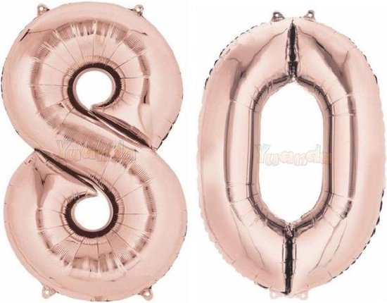 80 Jaar Folie Ballonnen Rosé Goud - Happy Birthday - Foil Balloon - Versiering - Verjaardag - Man / Vrouw - Feest - Inclusief Opblaas Stokje & Clip - XXL - 115 cm