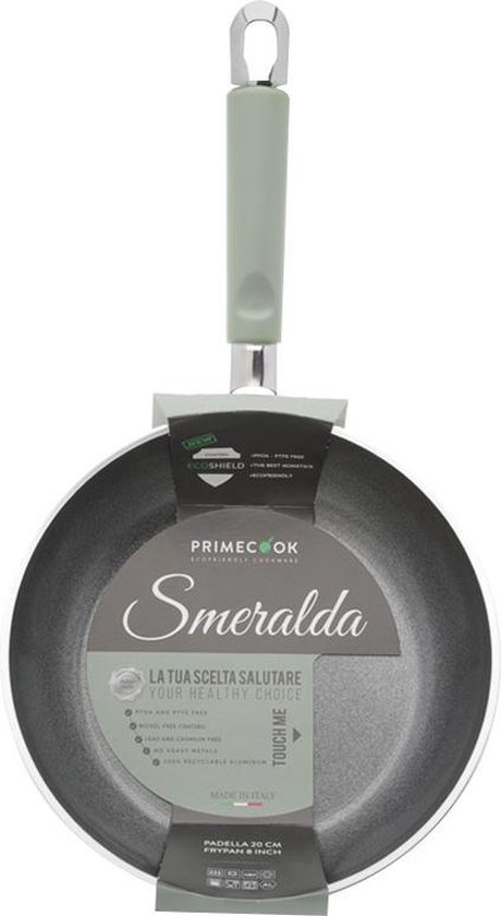 Lichtgroene koekenpan met 'Smeralda' logo, 'Made in Italy' vermelding en PFAS-vrije label.