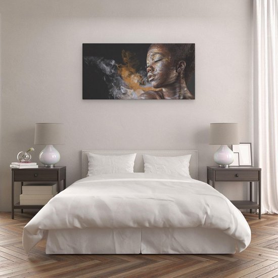Artaza Canvas Schilderij Afrikaanse Vrouw Met Zilver En Goud - 120x60 cm - Groot - Wanddecoratie Woonkamer - Schilderijen - Muurdecoratie