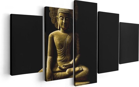 Artaza Canvas Schilderij Vijfluik Gouden Boeddha Beeld In Meditatie  - 100x50 - Foto Op Canvas - Canvas Print