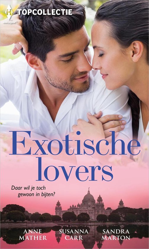 Romantische boekcover met een man en vrouw die elkaar aankijken. Titel: Exotische lovers.
