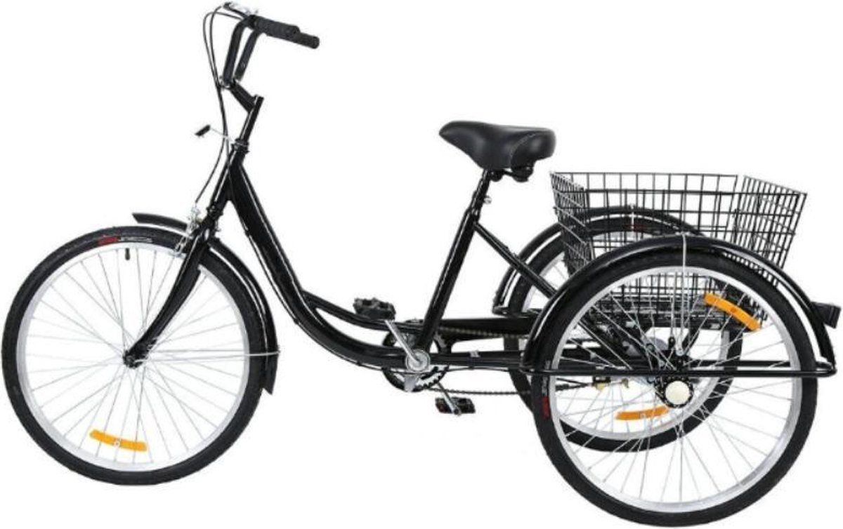 24 Inch Driewieler Voor Volwassenen - Zwart Met Mand, 7 Versnellingen, Stabiel En Comfortabel Voor Senioren