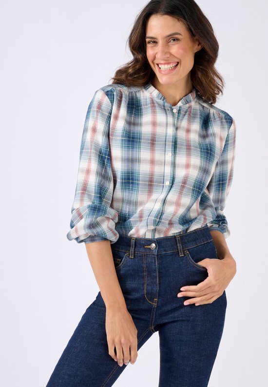 Damart - Geruite blouse met ruches - Dames - Blauw - 42