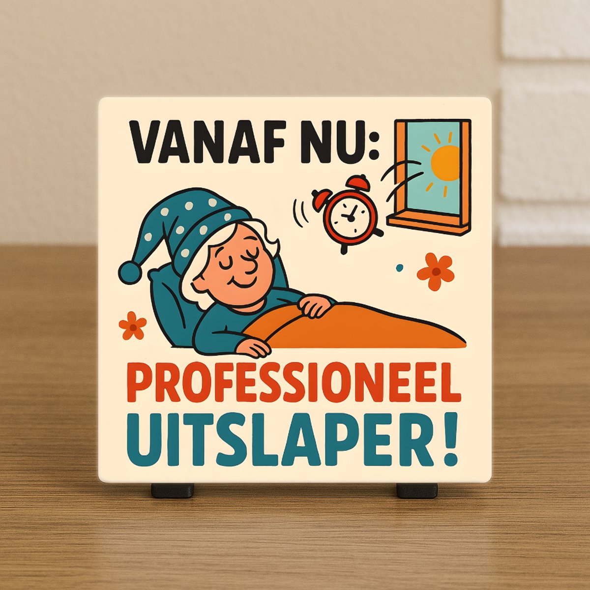 CreaCraft Wenstegeltje "Professioneel Uitslaper" – Humoristisch Pensioen Cadeau - Hip trendy tegeltje – Wanddecoratie – Sfeervol en Persoonlijk – Trendy nu – Origineel cadeau Illustratiezx