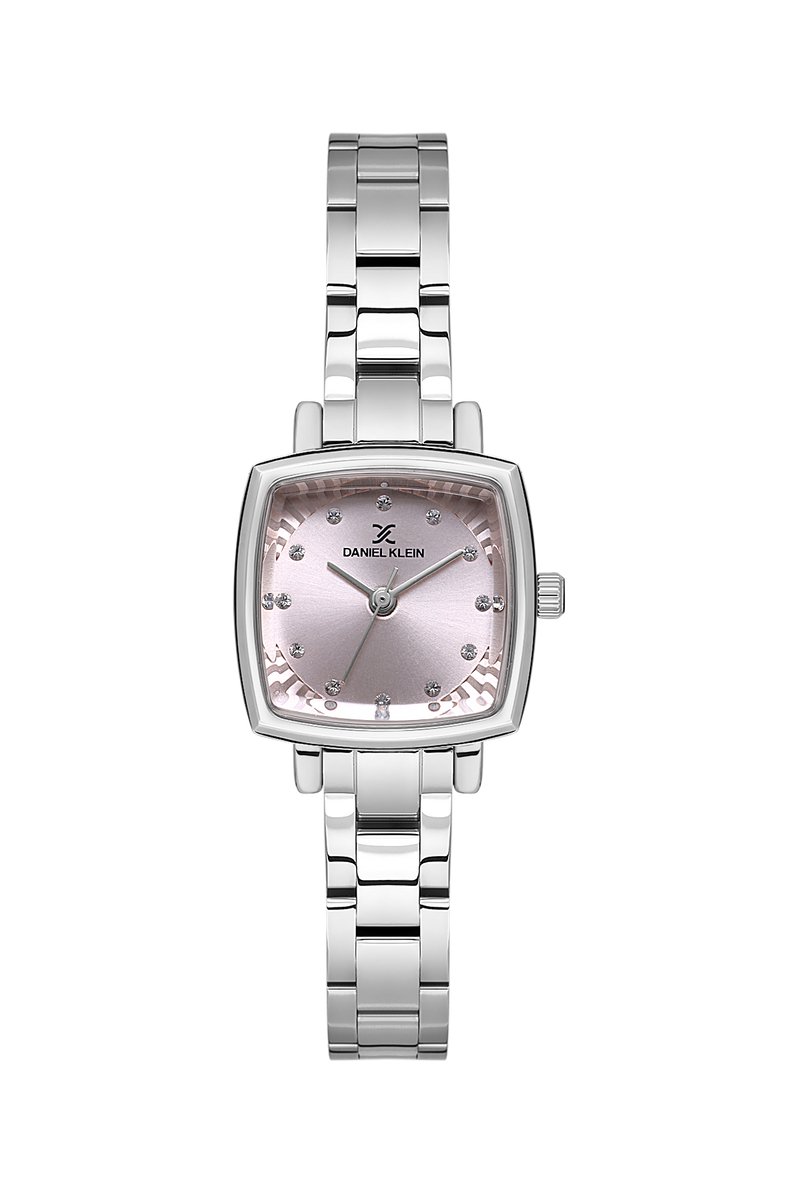 Daniel Klein DK.1.13922-1 - Horloge - Polshorloge - Analoog - Dames - Vrouwen- Vierkant - Stalen band - Metaal - Strepen - Bolletjes - Briljant - Zilverkleurig - Lichtroze - Zwart