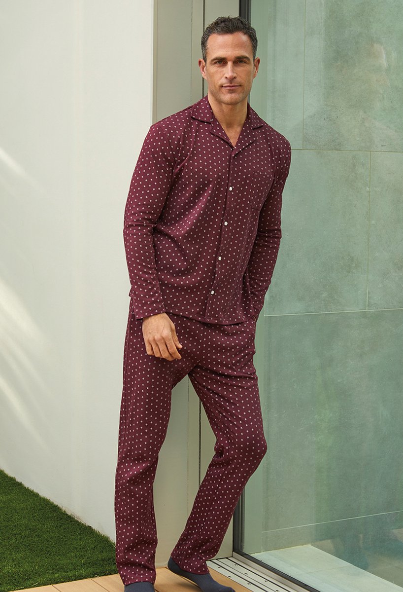Barandi Herenpyjama Enrico – Bordeaux met Stippen – Doorknoopmodel – Lange Mouwen – Klassiek & Comfortabel - XXL