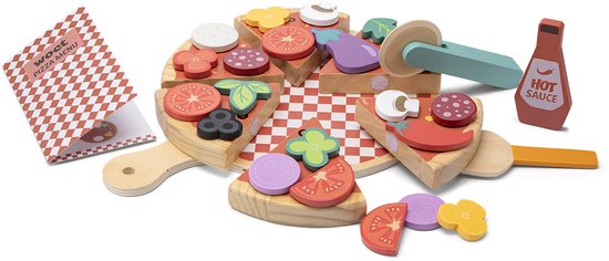Woet® Houten Pizza Speelset - Complete "Maak je eigen pizza" set met 30+ Accessoires - Toppings met Klittenband, Snijgereedschap, Hete Saus en Menukaart - Rollenspel Keukenspeelgoed - Speelgoedeten - Vanaf 2 Jaar