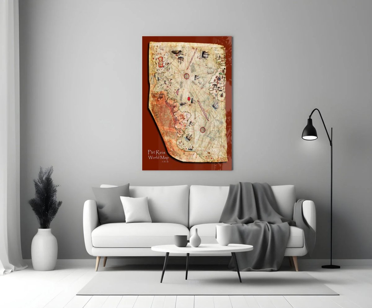 Insigne Art Glasschilderij – Piri Reis Wereldkaart uit 1513 – Historische en Klassieke Wanddecoratie - 72x46 cm Bruin