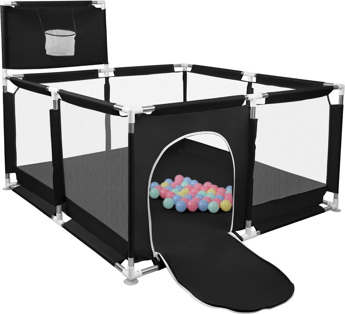 PIPIPOXER Babybox 126*126cm Boxhekje met 50 ballen, basketbalring, antislipbodem-Zwart