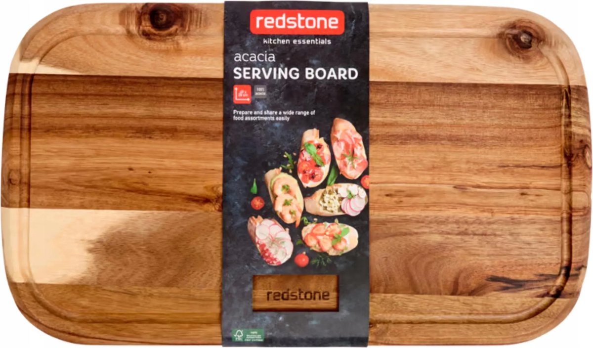 Serveerplank - Snijplank - 49 × 28 cm – Acaciahout - Redstone – Stijlvol Keukengerei & Serveerdecoratie - Snijplanken - Snijplanken Hout - Serveerplank Hout - Borrelplank - Borrelplank Hout - Borrelplanken - Tapasplank - Keukenplank