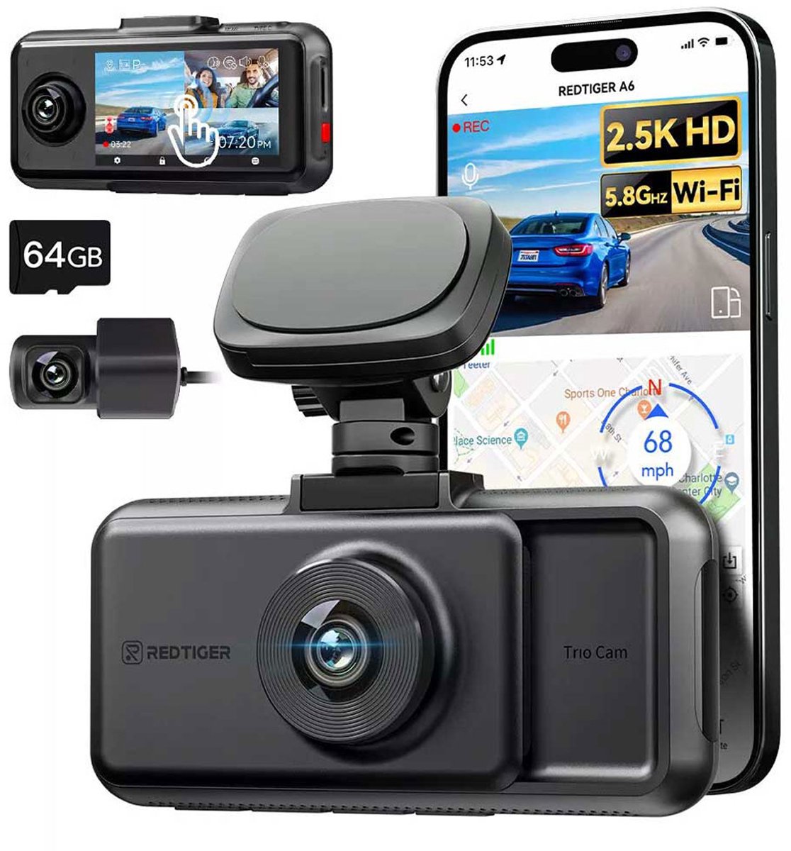 Redtiger A6 3CH 2K Touch Wifi Gps 64gb dashcam - Camera voor + achter + interieur - Wifi en Gps - Parkeermodus - 3,0 inch Lcd - 2.5K + Full HD resolutie - 64gb Micro SD kaart - dashcam voor auto