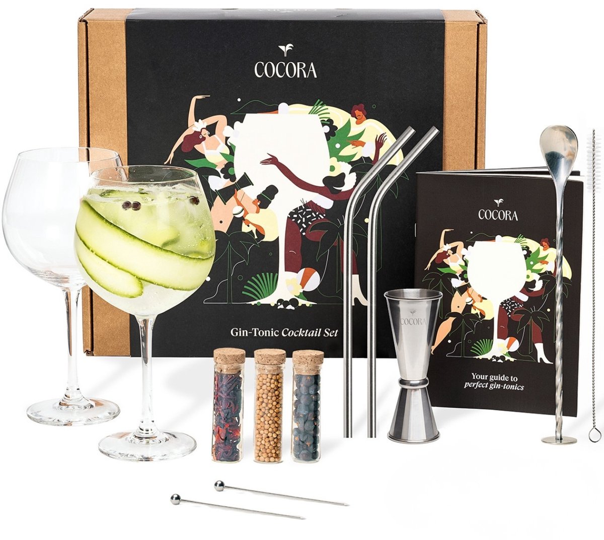 Cocora Gin Tonic Geschenkset - 12-delige RVS Cocktail Set - Maatbeker - Barlepel - Kruiden - Botanicals - Recepten Boek - Zilver