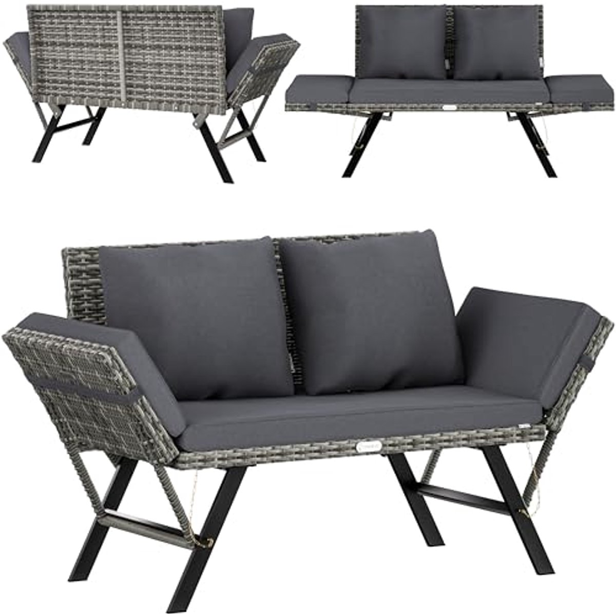 2-in-1 Polyrattan Tuinbank en Ligbed met Kussens en Verstelbare Armleuningen - Grijze Loungebank en Ligstoel