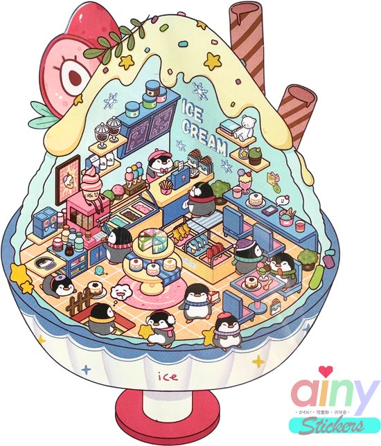 Ainy – Scene 3D Sticker IJssalon | 1 Achtergrond 12*13cm met PET Stickers set | Pinguin & Vrienden miniatuur stickerboek | Creatief & Rustgevend vakantieboek | Stickervellen voor volwassenen en kinderen