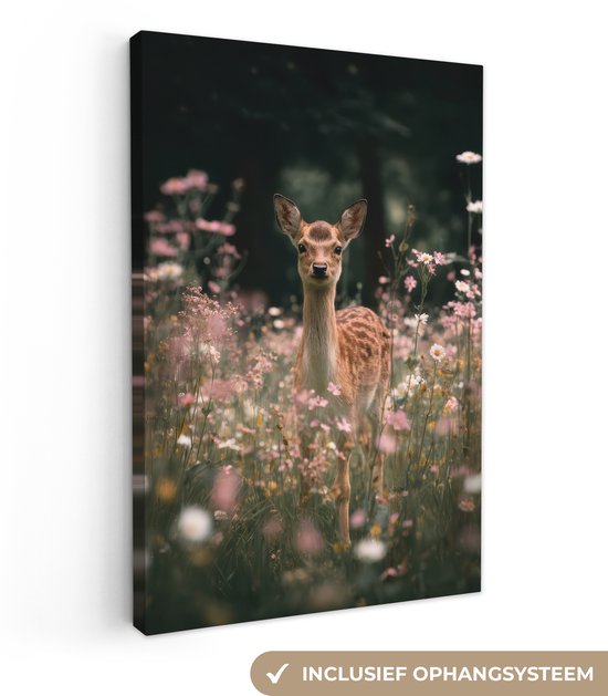 Canvas schilderij 80x120 cm - Exclusieve wanddecoratie Hert - Wilde bloemen - Bos - Muurdecoratie woonkamer - Slaapkamer decoratie - Kamer accessoires - Schilderijen op canvas
