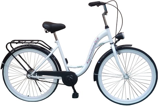 Witte stadsfiets met zwarte spatborden, bagagedrager en banden. Met bloemenmotief op het frame.