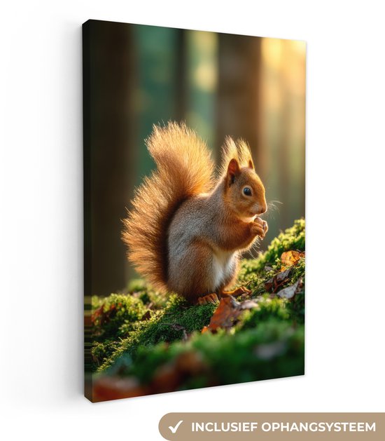 Canvas schilderij 80x120 cm - Exclusieve wanddecoratie Eekhoorn - Nootje - Gras - Muurdecoratie woonkamer - Slaapkamer decoratie - Kamer accessoires - Schilderijen op canvas