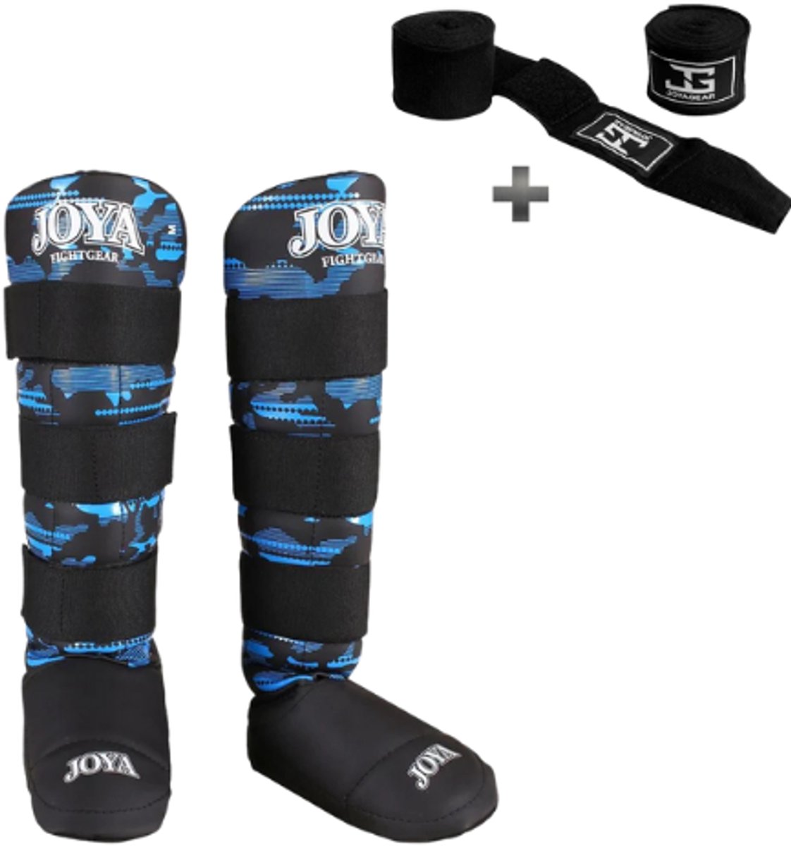 Joya Camo V2 Scheenbeschermers Kinderen – Maat XXS – Kickboksen – Optimale Bescherming & Comfort – Zwart/Blauw – Incl. Bandage