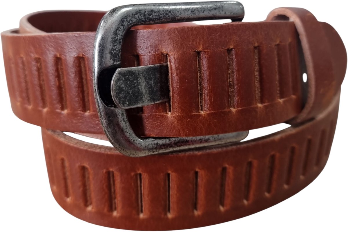 Leren Geperforeerde Sleufjes Riem voor Dames en Heren - Breedte 3cm - Unisex Ceintuur - Echt Leer totaal lengte 125 cm / riemmaat 105 Cognac