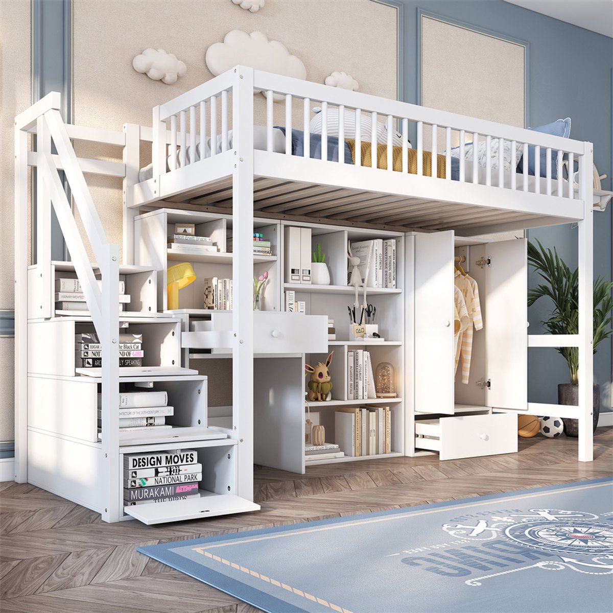 YEHTOKHOME Hoogslaper 90x200 cm met kledingkast en bureau - Kinderbed met lades en opbergladder - Eenpersoonsbed met opbergruimte - Massief hout - Wit - Zonder matras