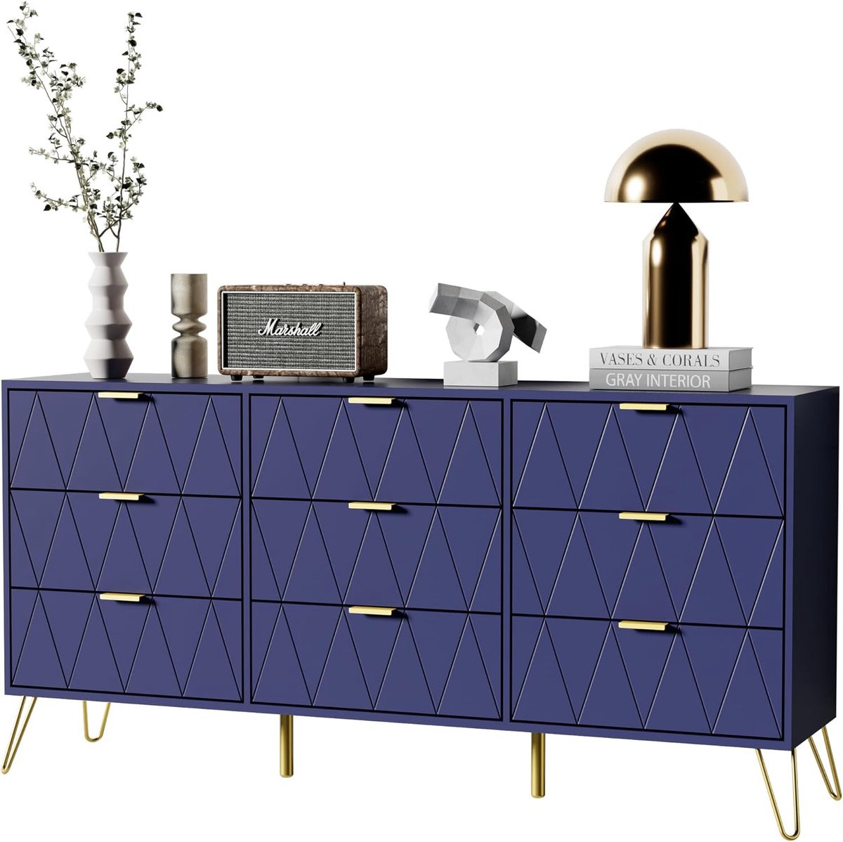 UEV ladekast met 9 laden, 150 cm, opbergmeubel voor in de slaapkamer, lijnenpatroon, Scandinavische stijl, goudkleurige handgrepen en poten, voor woonkamer, slaapkamer, kantoor, 150 x 34 x 74 cm, Marineblauw