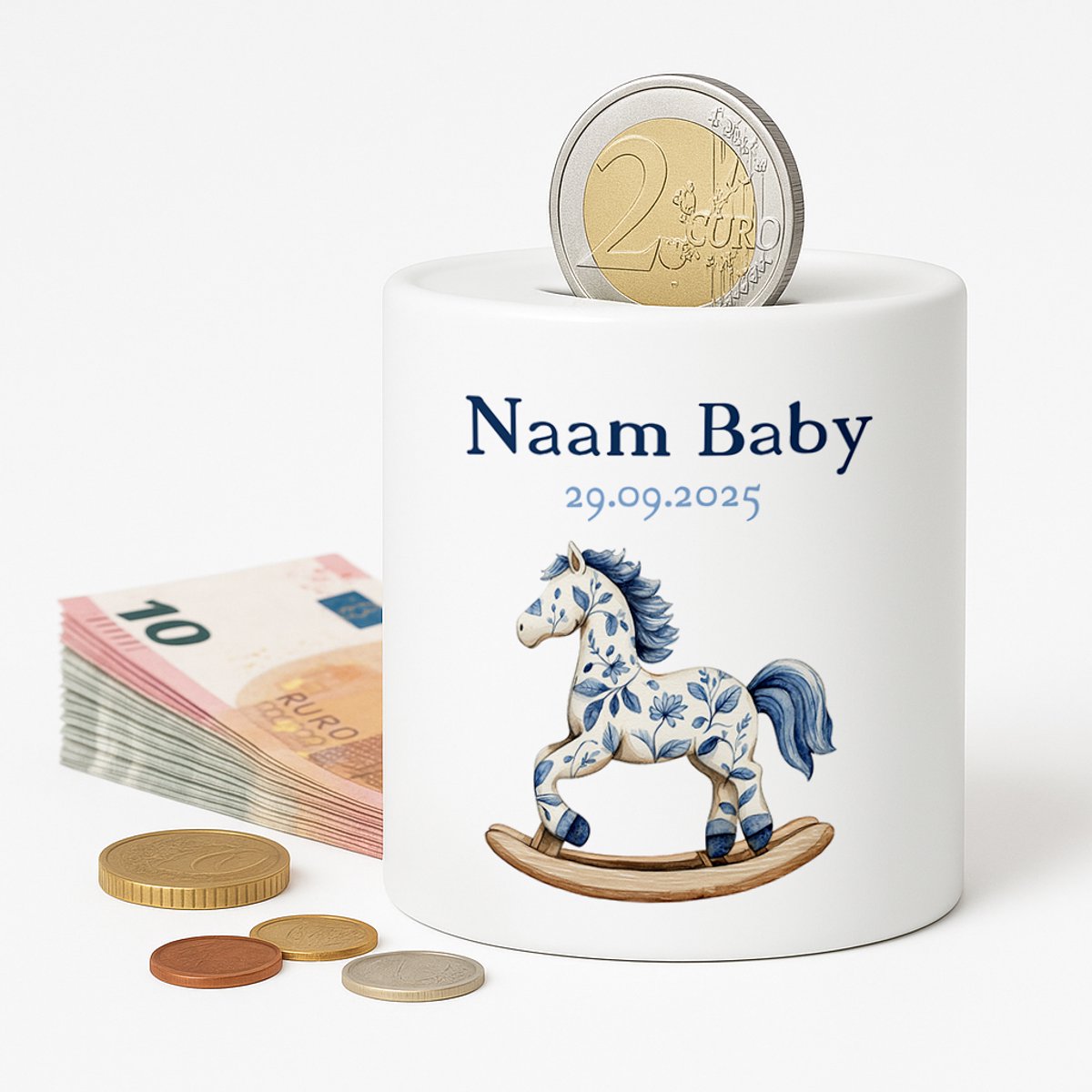 Gepersonaliseerde Baby Spaarpot – Met Naam en Geboortedatum – Blauwe Hobbelpaard