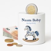 Gepersonaliseerde Baby Spaarpot – Met Naam en Geboortedatum – Blauwe Hobbelpaard