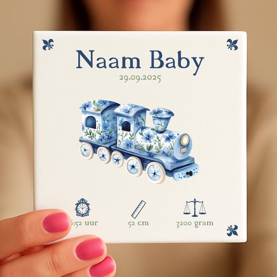 Gepersonaliseerde Baby Tegeltje - Met Naam, Geboortedatum, Gewicht, Lengte en Tijd - Blauw Treintje van SmartPrints — afbeelding 2