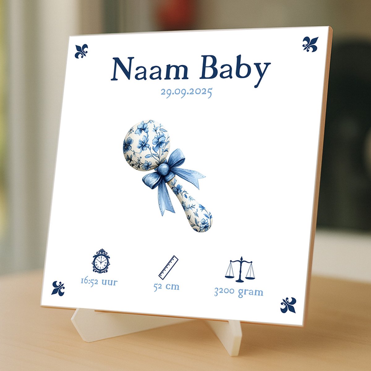 Gepersonaliseerde Baby Tegeltje – Met Naam, Geboortedatum, Gewicht, Lengte en Tijd – Blauwe Rammelaar