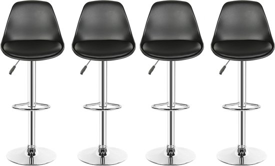 PIPIPOXER Set de 4 tabourets de bar, chaise de bar réglable en hauteur, pivotant à 360°, simili cuir, Zwart