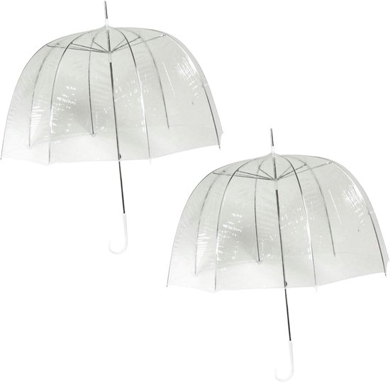 Twee doorzichtige koepelparaplu's naast elkaar, met witte handgrepen.