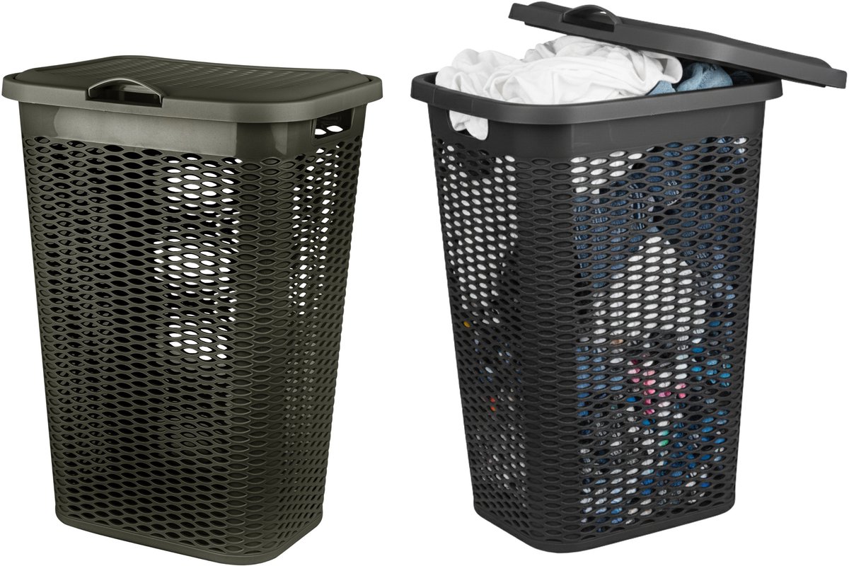 Wasmand Ventilation - met deksel - 2x stuks - zwart en bruin - 50 liter - 61 x 43 cm