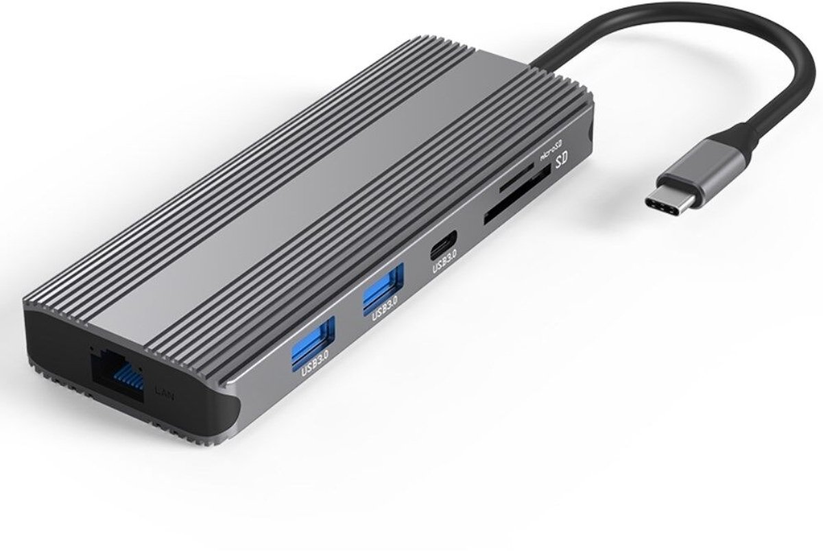 NÖRDIC 1 naar 10 USB-C Dockingstation - 8K/30Hz & 4K/60Hz - Dual HDMI - Gigabit LAN - USB-A & USB-C 3.1 - SD/MicroSD - 87W Power Delivery - Voor Windows & macOS