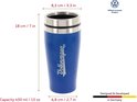 Korenblauwe thermosbeker met Volkswagen logo, met afmetingen aangegeven.