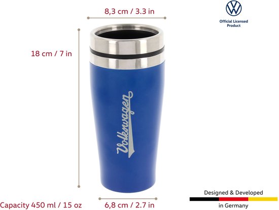 Korenblauwe thermosbeker met Volkswagen logo, met afmetingen aangegeven.
