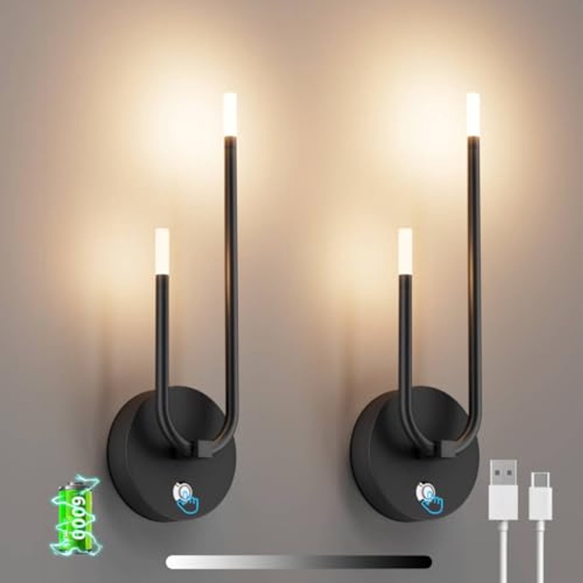 Draadloze LED-wandlampen op batterijen - Modern, Magnetisch en Touchbediening - 2 Stuks Zwart