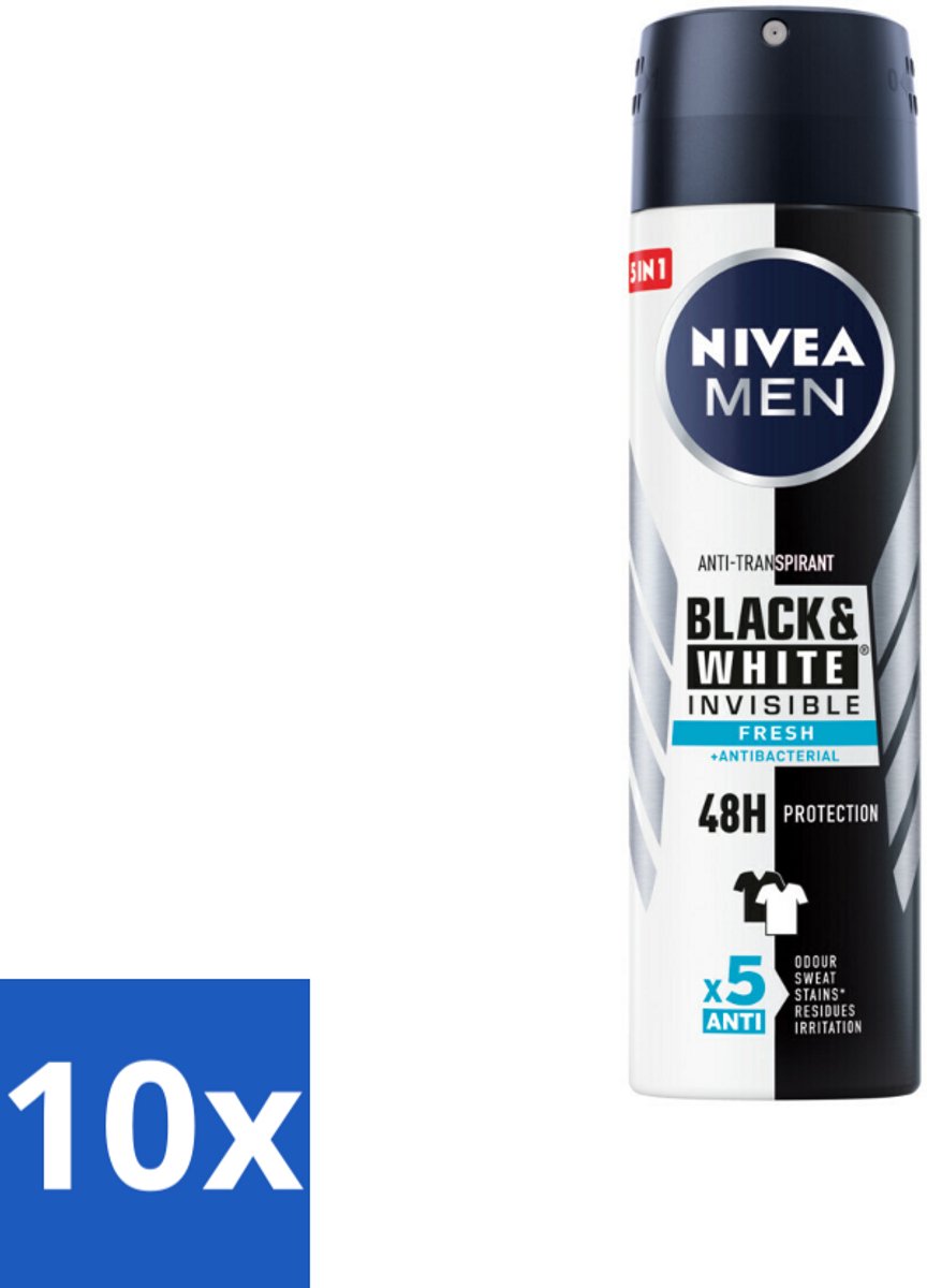 10 x NIVEA Men Deodorant Spray Invisible for Black & White Fresh 150 ml - Anti-transpirant - Deodorant Spray - Zweetvoorkomend - Vlekkenvoorkomend - Huidvriendelijk
