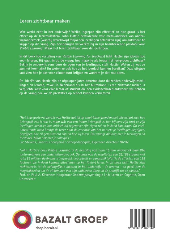 Achterkant van een boek met tekst over 'Visible Learning' door John Hattie en uitgever Bazalt Groep.