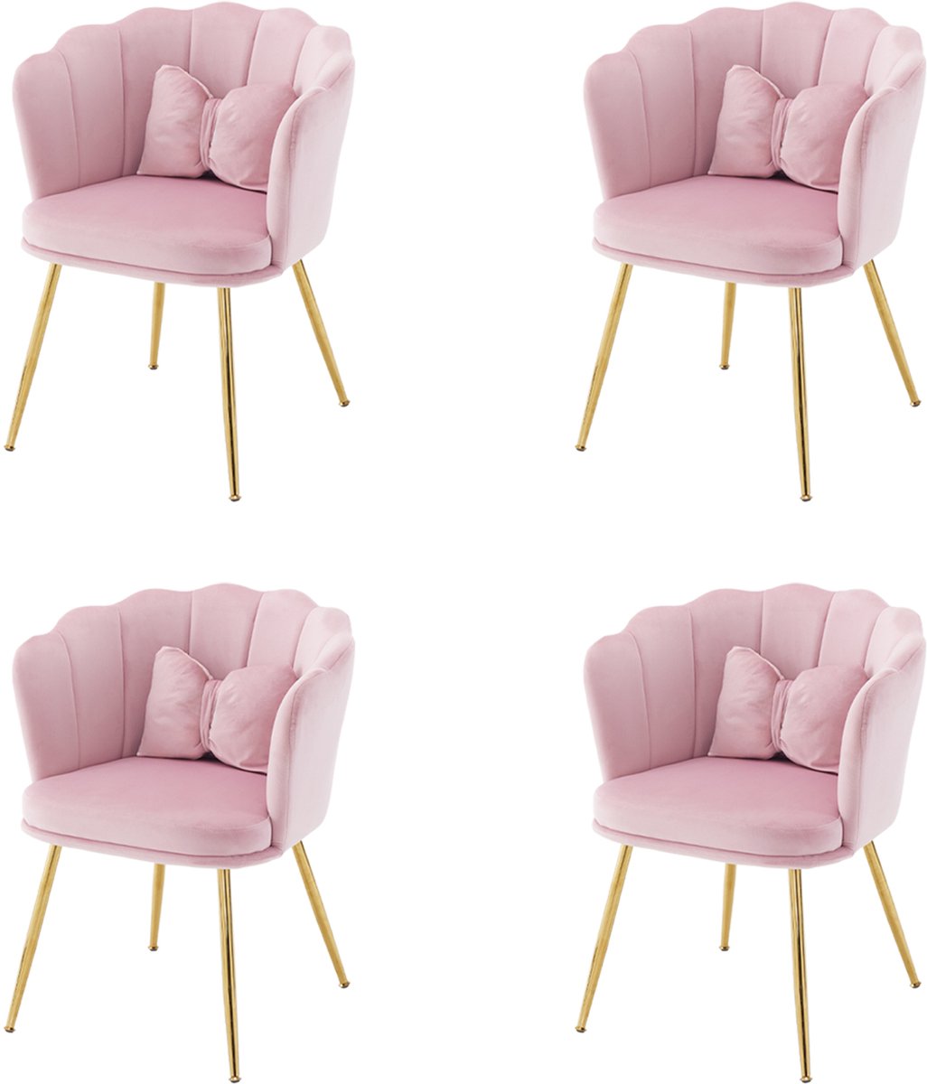 HAUSS SPOLE Eetkamerstoelen - 62x54,5x77 cm - Set Van 4 Armleunstoelen - Bloemvorm Rugleuning - Fluweel - Roze