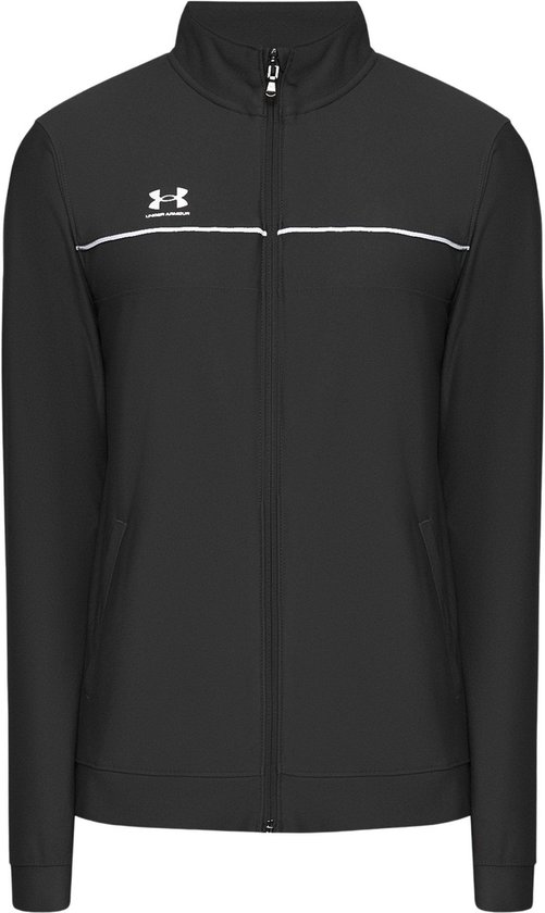Zwarte trainingsjas van Under Armour met witte streep en logo.