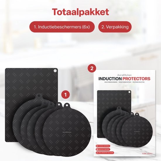 Pakket met 6 zwarte inductiebeschermers met ruitpatroon en verpakking.